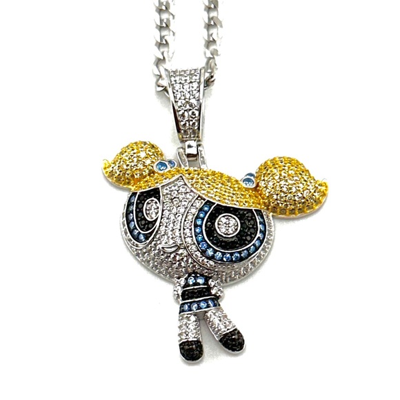 Iced Out 925 Sterling Silver 3D PowerPuff Girls Bubbles Necklace - Picture 6 of 12
